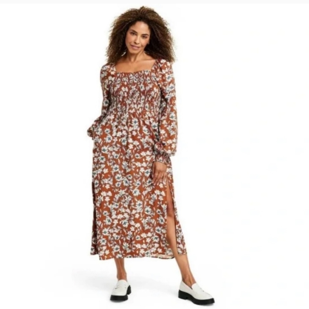 La Ligne Brown Floral Midi Dress with White and Light Blue Print